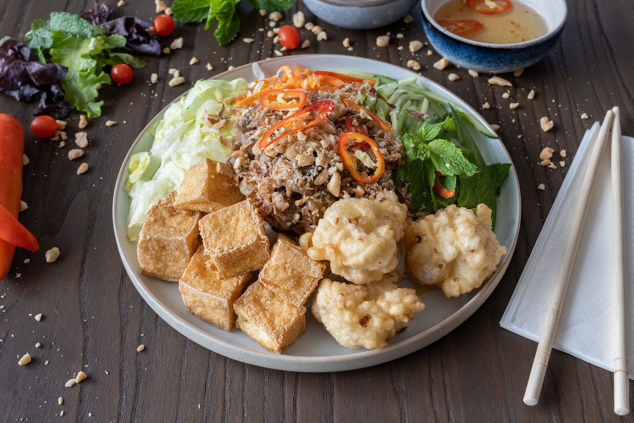 Fried tofu and cauliflower bites noodle salad