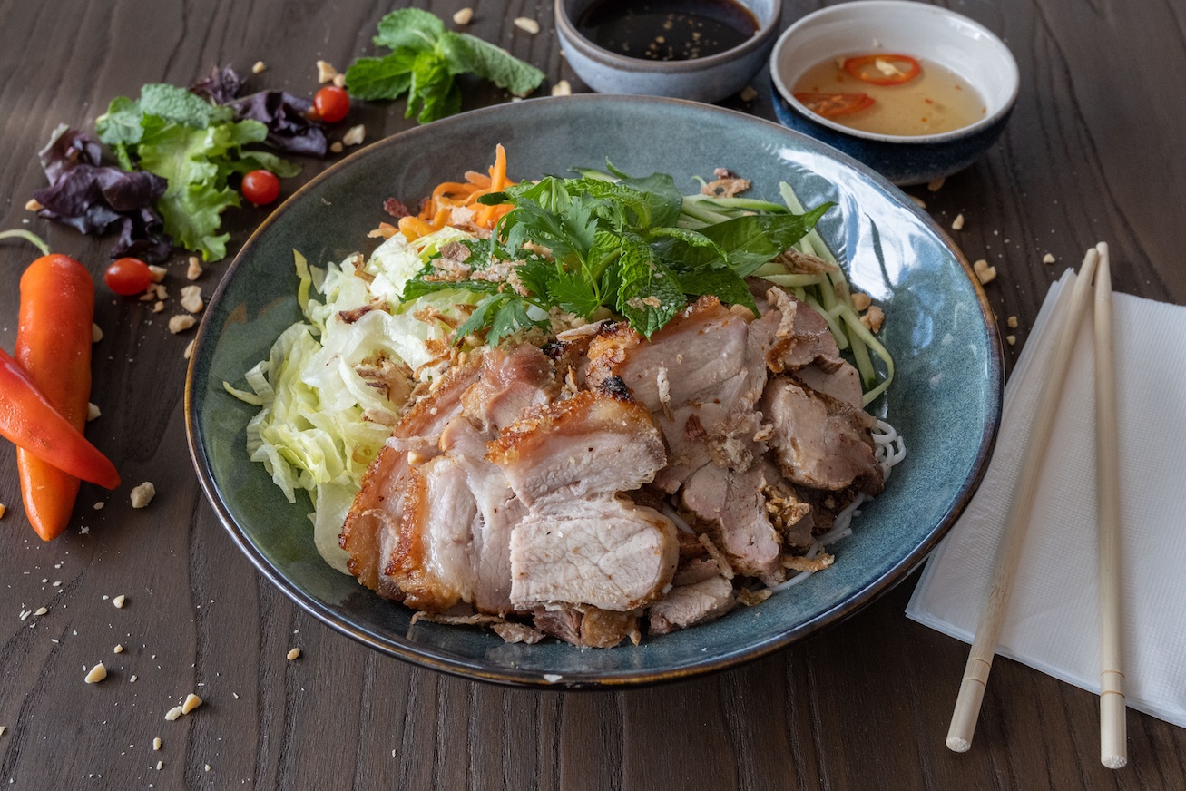 Crispy roast pork noodle salad